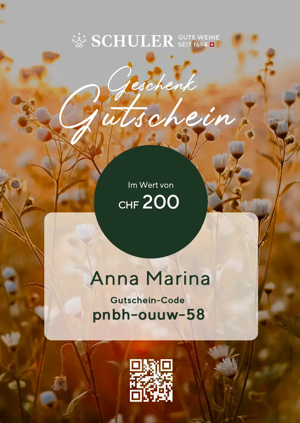 Chèque cadeau CHF 200